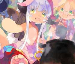 Rule 34 | 1girl, 1other, :d, animal ears, aqua pants, blonde hair, blush, bowl, brown fur, brown jacket, chachi (azuzu), commentary request, cooking, cooking pot, dutch angle, fangs, fire, furry, glasses, green background, green eyes, grey hair, holding, holding bowl, horizontal pupils, jacket, long hair, looking to the side, made in abyss, mechanical arms, multicolored pants, nanachi (made in abyss), open mouth, outdoors, pants, pink pants, puffy pants, red pants, regu (made in abyss), riko (made in abyss), short hair, short hair with long locks, short sleeves, sidelocks, smile, smoke, tail, teeth, topless, twintails, upper teeth only, whistle, whistle around neck, wing collar, yellow eyes