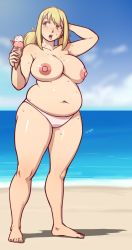Rule 34 | 1girl, belly, better-with-salt, blonde hair, breasts, brown eyes, fairy tail, highres, large breasts, lucy heartfilia, nipples, plump, solo, standing, sweat, topless