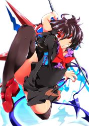 Rule 34 | 1girl, arm up, asymmetrical wings, black dress, black hair, black thighhighs, bow, clenched teeth, commentary request, dress, gradient background, houjuu nue, jumping, looking at viewer, no panties, polearm, puffy short sleeves, puffy sleeves, red eyes, red footwear, shoes, short sleeves, solo, teeth, teinba, thighhighs, touhou, trident, weapon, wings, zettai ryouiki