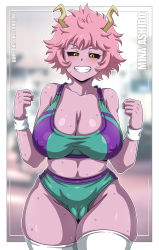 Rule 34 | 1girl, alternate breast size, artist name, ashido mina, black sclera, blush, boku no hero academia, breasts, character name, cleft of venus, colored sclera, colored skin, curvy, halterneck, highres, horns, large breasts, messy hair, pink hair, pink skin, sano br, short hair, short shorts, shorts, skin tight, skindentation, smile, solo, sports bra, sweat, thick thighs, thighhighs, thighs, white thighhighs, yellow eyes, yellow horns