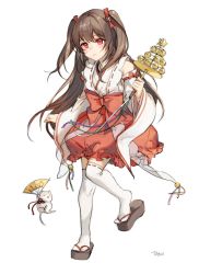 Rule 34 | 1girl, animal, artist name, bare shoulders, blush, bow, brown hair, copyright request, detached sleeves, full body, hair ribbon, highres, holding, japanese clothes, large bow, long hair, long sleeves, looking at viewer, mouse (animal), over-kneehighs, red bow, red eyes, red ribbon, red skirt, ribbon, ribbon-trimmed legwear, ribbon-trimmed sleeves, ribbon trim, sandals, simple background, skirt, smile, solo, tanu0706, thighhighs, two side up, white background, white thighhighs, wide sleeves