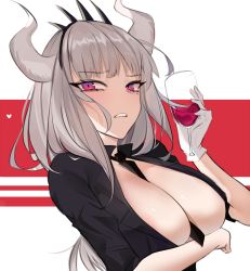 Rule 34 | 1girl, alcohol, bad id, bad pixiv id, between breasts, breasts, cleavage, crown, cup, drinking glass, grey hair, helltaker, horns, long hair, looking at viewer, lucifer (helltaker), mole, mole under eye, necktie, necktie between breasts, oni kanzei, solo, wine, wine glass