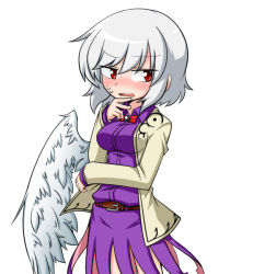 Rule 34 | 1girl, bad id, bad pixiv id, belt, blush, bow, bowtie, collared shirt, dress, feathered wings, flustered, hand on own chin, jacket, kishin sagume, nervous, open mouth, red eyes, shirt, short hair, silver hair, simple background, single wing, solo, sumiya nadateru, sweat, thinking, touhou, wings