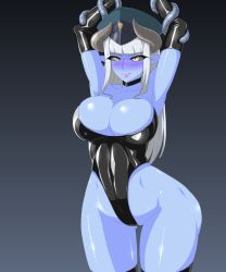 Rule 34 | 1girl, armpits, arms up, bdsm, black leotard, black sclera, blue skin, blush, boots, breasts, choker, cleavage, collar, colonel pale, colored sclera, colored skin, covered navel, cowboy shot, demon girl, demon horns, elbow gloves, gloves, hat, high heel boots, high heels, highleg, highleg leotard, highres, horns, large breasts, latex, leather, leather gloves, leotard, long hair, mimizu (tokagex), nose blush, original, peaked cap, pointy ears, restrained, silver hair, solo, sweatdrop, tentacles, thighhighs, wide hips, yellow eyes