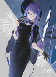 Rule 34 | 1girl, alternate costume, bespectacled, black dress, black gloves, black headwear, breasts, character name, chin strap, commentary, cowboy shot, dress, glasses, gloves, grey background, hand up, highres, long hair, long sleeves, looking at viewer, medium breasts, patchouli knowledge, purple eyes, purple hair, reeh (yukuri130), round eyewear, solo, standing, touhou, very long hair, wide sleeves