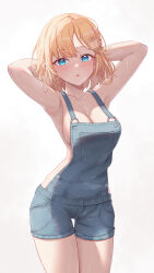 Rule 34 | 1girl, absurdres, alternate costume, armpits, arms behind head, blonde hair, blue eyes, blush, breasts, hair ornament, highres, hololive, hololive english, looking at viewer, medium breasts, mole, mole on breast, naked overalls, open mouth, overalls, presenting armpit, shironekokfp, short hair, simple background, solo, sweat, thigh gap, virtual youtuber, watson amelia