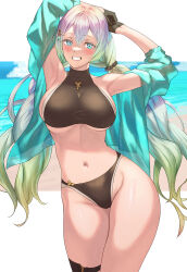 Rule 34 | 1girl, aqua jacket, armpits, arms up, bare shoulders, beach, bikini, black bikini, black gloves, blush, breasts, collarbone, cupitan (granblue fantasy), cupitan (summer) (granblue fantasy), gloves, gradient hair, granblue fantasy, green eyes, green hair, grey hair, grin, highres, jacket, large breasts, long hair, long sleeves, looking at viewer, low twintails, multicolored hair, navel, off shoulder, official alternate costume, open clothes, open jacket, shore, sideboob, smile, solo, stomach, swimsuit, tekkai blade, thigh strap, thighs, twintails, very long hair