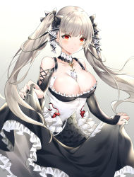 Rule 34 | 1girl, azur lane, bare shoulders, between breasts, black dress, blush, breasts, cleavage, dress, earrings, formidable (azur lane), frilled dress, frills, grey hair, hair ribbon, highres, jewelry, large breasts, long hair, long sleeves, looking at viewer, pantyhose, red eyes, rhea (0u0), ribbon, solo, twintails, two-tone dress, two-tone ribbon, very long hair, white pantyhose