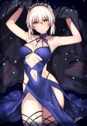 Rule 34 | 1girl, ahoge, armpits, arms up, artoria pendragon (all), artoria pendragon (alter swimsuit rider) (third ascension) (fate), artoria pendragon (fate), black gloves, blonde hair, blue dress, breasts, choker, clothing cutout, commentary request, dress, fate/grand order, fate (series), gloves, looking at viewer, mataro (matarou), medium breasts, navel, navel cutout, pelvic curtain, saber (fate), solo, tiara, yellow eyes