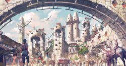 Rule 34 | animal, arch, architecture, armor, artist name, backpack, bag, blue sky, building, cart, city, cityscape, cloud, cloudy sky, commentary request, creature, crowd, day, dragon, fantasy, horse, miniskirt, multiple boys, multiple girls, noba, outdoors, pixiv fantasia, pixiv fantasia last saga, robe, scenery, skirt, sky, soldier, sunlight, totem, tower, tree, walking, wide shot, window