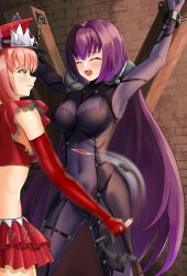 Rule 34 | 2girls, bdsm, bodysuit, bondage, bound, breasts, closed eyes, covered navel, dorachan r, elbow gloves, fate/grand order, fate (series), femdom, gloves, hair intakes, hat, highres, large breasts, long hair, medb (alluring chief warden look) (fate), medb (fate), multiple girls, peaked cap, pink hair, purple bodysuit, purple hair, red gloves, red headwear, restrained, riding crop, ryona, scathach (fate), stationary restraints, yellow eyes