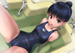 Rule 34 | 1girl, arena (company), bathtub, black hair, black one-piece swimsuit, brand name imitation, breasts, brown eyes, cameltoe, chestnut mouth, commentary request, competition swimsuit, covered erect nipples, faucet, hair bun, logo, looking at viewer, lying, one-piece swimsuit, original, partially submerged, rohitsuka, school swimsuit, short hair, small breasts, solo, swimsuit, water