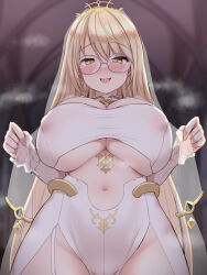 Rule 34 | 1girl, blush, breast curtains, breasts, clothing cutout, covered erect nipples, from below, glasses, holding, large breasts, long hair, long sleeves, looking at viewer, navel, navel cutout, nijisanji, nisshisshi, no panties, nui sociere, nui sociere (6th costume), open mouth, solo, underboob, very long hair, virtual youtuber, yellow eyes