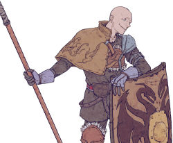 Rule 34 | 1boy, armor, bald, dark souls (series), dark souls i, fur trim, gloves, holding, holding weapon, patches (from software), polearm, shield, smile, spear, weapon