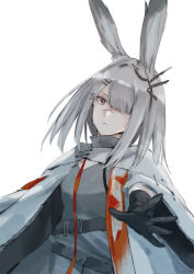 Rule 34 | 1girl, absurdres, animal ear fluff, animal ears, arknights, black gloves, closed mouth, dress, e-bushi, frostnova (arknights), gloves, grey dress, grey eyes, grey hair, hair ornament, hair over one eye, hairclip, highres, jacket, looking at viewer, open clothes, open jacket, outstretched arm, simple background, solo, white background, white jacket
