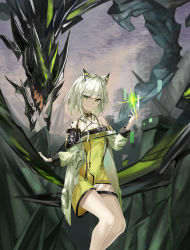 Rule 34 | 1girl, absurdres, animal ear fluff, animal ears, arknights, bare legs, bare shoulders, blunt bangs, breasts, cat ears, cleavage, closed mouth, cloud, cloudy sky, coat, crystal, day, dress, feet out of frame, floating, floating object, green dress, green eyes, green hair, highres, kal&#039;tsit (arknights), kd (kdh45689), lens flare, long sleeves, looking at viewer, material growth, mon3tr (arknights), monster, open clothes, open coat, oripathy lesion (arknights), outdoors, rock, see-through, short dress, short hair, sitting, sky, small breasts, solo, white coat