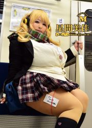 Rule 34 | 1girl, asian, blonde hair, breasts, cosplay, fat, female focus, headphones, hoshima mika, huge breasts, indoors, large breasts, photo (medium), scarf, skirt, socks, solo, super pochaco, super pochaco (cosplay), thick thighs, thighhighs, thighs, uniform