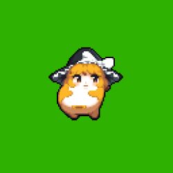 Rule 34 | 1girl, animated, animated gif, black hat, blank stare, blonde hair, bow, brown eyes, chibi, commentary request, creature, dancing, full body, green background, green screen, hat, hat bow, kanmarisa (meme), kirisame marisa, looking to the side, meme, open mouth, pixel art, short hair, simple background, solo, standing, tonchamon san, touhou, white bow, witch hat