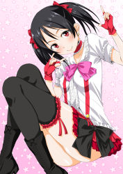 Rule 34 | 10s, 1girl, black hair, black thighhighs, blush, bokura wa ima no naka de, boots, bow, covered erect nipples, cross-laced footwear, earrings, fingerless gloves, floral background, frills, gloves, gradient background, hair ribbon, highres, jewelry, long hair, looking at viewer, love live!, love live! school idol project, m/, miniskirt, red eyes, ribbon, sakura kanawo, skirt, smile, solo, thighhighs, twintails, yazawa nico