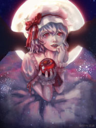 Rule 34 | 1girl, apple, bat wings, collarbone, fangs, food, fruit, full body, grey hair, hand on own cheek, hand on own face, hat, highres, holding, holding food, holding fruit, lips, looking at viewer, mikumo maru, mob cap, open mouth, puffy short sleeves, puffy sleeves, realistic, red apple, red eyes, red lips, red ribbon, remilia scarlet, ribbon, short hair, short sleeves, sleeve ribbon, solo, teeth, touhou, unworn hat, unworn headwear, upper teeth only, white hat, wings, wrist cuffs