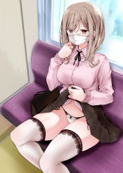 Rule 34 | 1girl, black ribbon, black skirt, blouse, breasts, brown hair, chijo, clothes lift, commentary request, female pervert, hand up, highres, lace, lace legwear, large breasts, lifted by self, long hair, long sleeves, looking at viewer, mask, mouth mask, neck ribbon, oouso, orange eyes, original, paid reward available, panties, pervert, pink shirt, pleated skirt, ribbon, shirt, side-tie panties, sitting, skirt, skirt lift, solo, thighhighs, train interior, underwear, white thighhighs