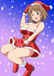 Rule 34 | 10s, 1girl, ;o, bare arms, bare legs, bare shoulders, belt, blush, boots, breasts, brown eyes, brown hair, christmas, cleavage, collarbone, dress, female focus, full body, gloves, gradient background, hat, idolmaster, idolmaster cinderella girls, large breasts, legs, marugoshi teppei, mimura kanako, one eye closed, open mouth, red dress, red eyes, red footwear, red gloves, santa boots, santa costume, santa hat, shiny skin, short dress, short hair, snowing, solo, strapless, strapless dress, wince, wind, wind lift