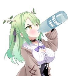 Rule 34 | 1girl, antlers, black ribbon, bottle, branch, breasts, ceres fauna, ceres fauna (jirai kei), chugging, cleavage, cleavage cutout, clothing cutout, coat, drinking, green hair, hair ribbon, highres, holding, holding bottle, hololive, hololive english, horns, large breasts, long hair, long sleeves, official alternate costume, parody, ribbon, riqcrow, simple background, solo, twintails, virtual youtuber, water bottle, white background, yellow eyes