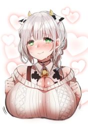 Rule 34 | 1girl, animal ears, animal print, bell, black choker, braid, breasts, choker, cleavage, cow ears, cow horns, cow print, cowbell, green eyes, heart, heart-shaped pupils, hololive, horns, jewelry, large breasts, looking at viewer, mamemix, off-shoulder sweater, off shoulder, pendant, ribbed sweater, shirogane noel, shirogane noel (casual), short hair, side braid, silver hair, smile, snowflake choker, snowflake pendant, solo, sweater, symbol-shaped pupils, virtual youtuber, wavy hair, white sweater