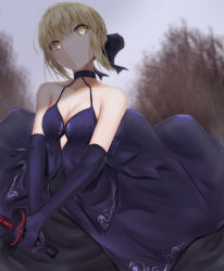 Rule 34 | 1girl, artoria pendragon (fate), black bow, black skirt, blonde hair, blue gloves, blue shirt, blurry, blurry background, bow, breasts, choker, cleavage, cloud, cloudy sky, collarbone, elbow gloves, excalibur morgan (fate), fate/stay night, fate (series), formal, gloves, hair bow, head tilt, highres, holding, holding sword, holding weapon, medium breasts, outdoors, saber alter, santarou, shirt, short hair, skirt, skirt suit, sky, sleeveless, sleeveless shirt, solo, standing, suit, sword, weapon, yellow eyes