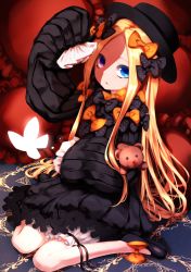 Rule 34 | 1girl, abigail williams (fate), bad id, bad pixiv id, black bow, black dress, black footwear, black hat, blonde hair, bloomers, blue eyes, bow, bug, butterfly, commentary request, dress, fate/grand order, fate (series), forehead, fuji tarawi, hair bow, hat, highres, hugging object, insect, long hair, long sleeves, looking at viewer, multiple hair bows, orange bow, parted bangs, parted lips, polka dot, polka dot bow, shoes, sitting, sleeves past fingers, sleeves past wrists, solo, stuffed animal, stuffed toy, teddy bear, underwear, very long hair, wariza, white bloomers