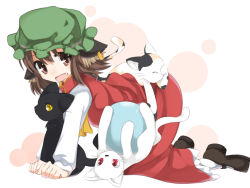 Rule 34 | 1girl, animal ears, bad id, bad pixiv id, cat, cat ears, cat tail, chen, china dress, chinese clothes, dress, earrings, fang, female focus, full body, hat, jewelry, ribbon, short hair, shouji ayumu, solo, tail, team shanghai alice, touhou, white background