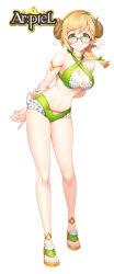 Rule 34 | 1girl, 1other, animal ears, arpiel, bikini, blonde hair, braid, breasts, cecil (arpiel), glasses, green bikini, green eyes, highres, horns, large breasts, looking at viewer, medium breasts, non-web source, sheep ears, sheep girl, sheep horns, single braid, swimsuit, white background