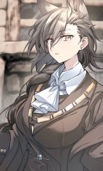 Rule 34 | 1girl, animal ears, arknights, ascot, braid, breasts, briefcase, brown hair, brown suit, collared shirt, commentary, earrings, formal, hair ornament, highres, holding, holding briefcase, jewelry, kiyakyuu, large breasts, looking at viewer, mole, mole above mouth, outdoors, parted lips, penance (arknights), shirt, solo, suit, swept bangs, upper body, white ascot, white shirt, wolf ears, wolf girl, yellow eyes
