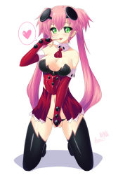 Rule 34 | 1girl, beta (muv-luv), black panties, black sclera, black thighhighs, breasts, butter-t, cleavage, colored sclera, elbow gloves, gloves, green eyes, heart, kneeling, muv-luv, navel, panties, personification, pink hair, solo, spoken heart, thighhighs, tongue, twintails, underwear
