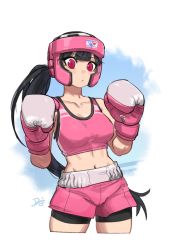 Rule 34 | 1girl, bare shoulders, bike shorts, black hair, black shorts, boxing gloves, boxing headgear, breasts, closed mouth, commentary, crop top, difman, english commentary, highres, long hair, looking at viewer, medium breasts, navel, original, pink headwear, pink shorts, ponytail, red eyes, short shorts, shorts, shorts under shorts, solo, very long hair