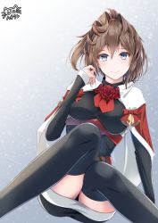 Rule 34 | 1girl, arm up, bell, belt, black thighhighs, blue eyes, breasts, brown hair, capelet, flower, hachiware (8ware63), hair between eyes, hair tie, highres, jingle bell, kantai collection, looking at viewer, medium breasts, medium hair, official alternate costume, ponytail, red capelet, red flower, red rose, rose, sheffield (kancolle), signature, simple background, sitting, smile, thighhighs