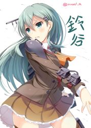 Rule 34 | 10s, 1girl, aqua eyes, aqua hair, ascot, breasts, brown thighhighs, cannon, hair ornament, hairclip, jacket, kantai collection, lips, loafers, long hair, machinery, noe noel, pleated skirt, school uniform, shoes, simple background, skirt, solo, suzuya (kancolle), thighhighs, turret, twitter username