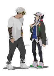 Rule 34 | 2boys, arm tattoo, black pants, blue vest, bracelet, closed mouth, collared shirt, comanie, commentary request, creatures (company), eyewear on head, frown, game freak, giacomo (pokemon), guzma (pokemon), hat, headphones, highres, holding strap, jacket, jewelry, long sleeves, male focus, multicolored hair, multiple boys, nintendo, open clothes, open jacket, pants, pokemon, pokemon sm, pokemon sv, shirt, shoes, short hair, short sleeves, standing, sunglasses, sweat, t-shirt, tattoo, two-tone hair, vest, yellow-framed eyewear