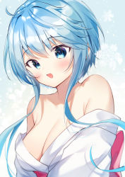 Rule 34 | 1girl, :d, ahoge, back bow, bad id, bad pixiv id, bare shoulders, blue eyes, blue hair, blush, bow, breasts, cleavage, collarbone, commentary request, gyozanuko, hair between eyes, highres, japanese clothes, jigoku sensei nube, kimono, long hair, looking at viewer, medium breasts, obi, off shoulder, open mouth, red bow, sash, sidelocks, smile, solo, upper body, white kimono, yukime (jigoku sensei nube)