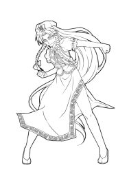 Rule 34 | 1girl, braid, clenched hands, closed mouth, collared shirt, fighting stance, full body, greyscale, hat ornament, hong meiling, legs apart, long hair, long skirt, monochrome, neck ribbon, puffy short sleeves, puffy sleeves, ribbon, shirt, short sleeves, simple background, skirt, solo, standing, star (symbol), star hat ornament, touhou, twin braids, very long hair, white background, xueying hong