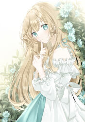 Rule 34 | 1girl, aqua eyes, artist name, bare shoulders, blue flower, blue ribbon, blush, bush, choker, clothing cutout, commentary request, dress, expressionless, eyelashes, finger to mouth, flower, frilled dress, frills, hair between eyes, hands up, head tilt, highres, holding, holding key, index finger raised, key, kompeitou (lemon garden), leaf, light brown hair, light particles, long hair, long sleeves, looking at viewer, looking to the side, original, parted lips, puffy sleeves, ribbon, ribbon choker, shoulder cutout, sidelocks, signature, solo, standing, tareme, white background, white dress, white ribbon