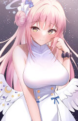 Rule 34 | 1girl, absurdres, angel wings, bare shoulders, blue archive, blush, bow, breasts, dress, feathered wings, flower, hair bun, hair flower, hair ornament, halo, highres, large breasts, long hair, looking at viewer, low wings, mika (blue archive), onabe no shime, pink hair, scrunchie, single side bun, sleeveless, sleeveless dress, smile, solo, white dress, white wings, wings, yellow eyes