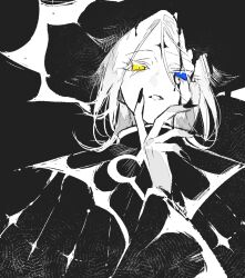 1boy blue_eyes coat cookie_run cookie_run:_kingdom fingernails greyscale heterochromia looking_at_viewer monochrome pointy_hat pure_vanilla_cookie pure_vanilla_cookie_(truthless_recluse) sharp_fingernails shu_(pjxv7485) solo spot_color yellow_eyes