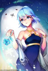 Rule 34 | 1girl, bad id, bad pixiv id, bare shoulders, blue eyes, blue hair, blurry, bracelet, character request, depth of field, dress, flower, glasses, hand on own chest, jewelry, matching hair/eyes, o-ring, rose, shawl, short hair, smile, snow rabbit, solo, star (symbol), sword girls, zit 0