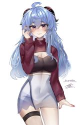 Rule 34 | absurdres, ahoge, alternate costume, alternate hairstyle, arm up, artist name, blue hair, blush, breasts, cleavage, cleavage cutout, clothing cutout, covered navel, ganyu (genshin impact), genshin impact, highres, horns, light smile, long hair, looking at viewer, lounette, medium breasts, multicolored eyes, nail polish, purple eyes, sidelocks, signature, solo, standing, thighs, white background