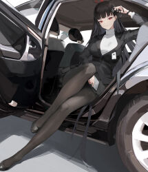 Rule 34 | 1girl, absurdres, black hair, black jacket, black pantyhose, black skirt, blazer, blue archive, breasts, car, car interior, closed mouth, expressionless, full body, gong cha, halo, highres, id card, jacket, large breasts, long hair, looking at viewer, motor vehicle, pantyhose, pleated skirt, red eyes, rio (blue archive), sitting, skirt, sweater, tire, turtleneck, turtleneck sweater, very long hair, white sweater