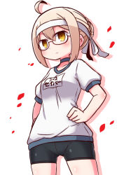Rule 34 | 1girl, ahoge, artoria pendragon (fate), bike shorts, blonde hair, breasts, brown eyes, chibi, cleavage, fate/grand order, fate (series), glasses, hands on own hips, highres, looking away, medium breasts, mysterious heroine x alter (fate), mysterious heroine x alter (second ascension) (fate), naga u, short hair, simple background, solo, white background