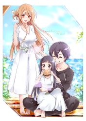 Rule 34 | 1boy, 2girls, :d, ^ ^, absurdres, asuna (sao), barefoot, black eyes, black hair, black pants, black shirt, blush, border, breasts, brown eyes, brown hair, cleavage, closed eyes, collarbone, commentary request, copyright name, dress, eating, closed eyes, family, food, full body, green sash, grin, hair between eyes, half updo, highres, holding, holding food, holographic interface, hug, hug from behind, indian style, jewelry, kirito, large breasts, long dress, long hair, multiple girls, open mouth, outside border, pants, ring, sandwich, sash, shi-2, shirt, short hair, sitting, sitting on lap, sitting on person, smile, standing, sword art online, teeth, upper teeth only, very long hair, wedding band, white border, white dress, yui (sao)