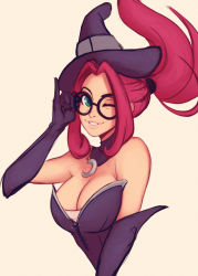 Rule 34 | 1girl, absurdres, aqua eyes, bare shoulders, bewitching janna, breasts, cleavage, crescent, cropped torso, elbow gloves, floating hair, glasses, gloves, hat, highres, janna (league of legends), large breasts, league of legends, looking at viewer, one eye closed, parted lips, ponytail, raichiyo33, red hair, sepia background, sidelocks, simple background, sleeveless, smile, solo, upper body, witch hat