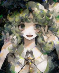 Rule 34 | 1girl, absurdres, blue nails, collared shirt, commentary request, curly hair, flat cap, frilled shirt collar, frills, green eyes, green hair, green jacket, hands up, hat, highres, jacket, key, looking at viewer, medium hair, nail polish, open mouth, shirt, solo, sosei, teeth, touhou, upper body, upper teeth only, white shirt, yamashiro takane